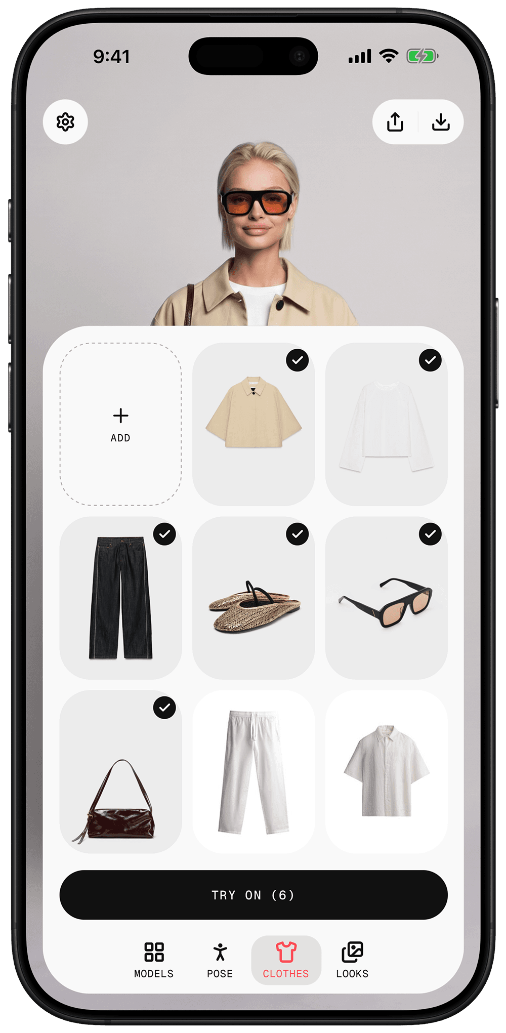 The Wear app clothes tab with six garments selected for one try-on