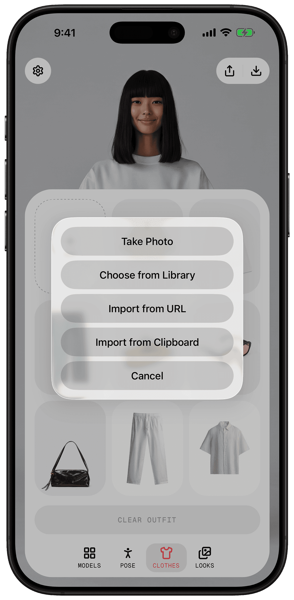 The Wear app import menu: take a photo, choose from library, import from URL or clipboard