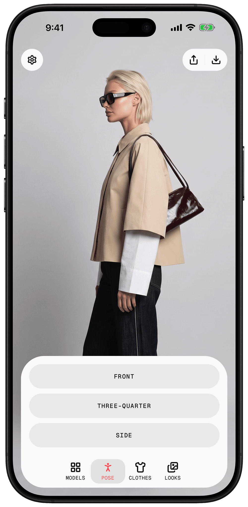 The Wear app pose picker showing the same outfit from the side