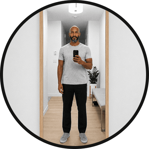 The casual mirror selfie the model was created from